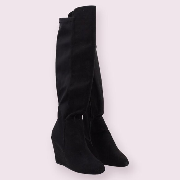 Bebe Womens Black Zipper Round Toe Wedge Heeled Boots - Picture 1 of 8